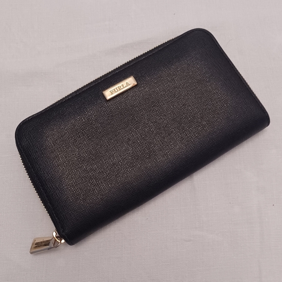 Furla Accessories - Furla Black Saffiano Zip Wallet with Gold Accents